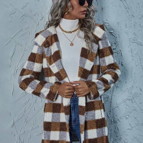 plaid brown mocha pocket hoodie teddy jacket coat - Picture 4 of 6